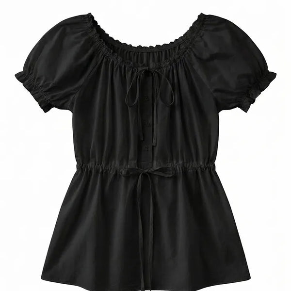 Barbie Puff Shirred Adjustable Waistband Half Long Summer Lace Short Sleeve Round Neck Blouse