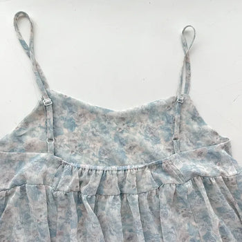 Jamie Flower Tiered Adjustable Shoulder A-Line Bustier See-through Sleeveless Balloon Layered Maternity Wear  V-Neck Chiffon Elastic Dress