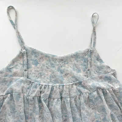 Jamie Flower Tiered Adjustable Shoulder A-Line Bustier See-through Sleeveless Balloon Layered Maternity Wear  V-Neck Chiffon Elastic Dress