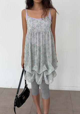 Jamie Flower Tiered Adjustable Shoulder A-Line Bustier See-through Sleeveless Balloon Layered Maternity Wear  V-Neck Chiffon Elastic Dress