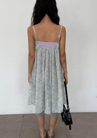 Jamie Flower Tiered Adjustable Shoulder A-Line Bustier See-through Sleeveless Balloon Layered Maternity Wear  V-Neck Chiffon Elastic Dress