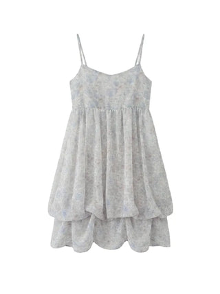Jamie Flower Tiered Adjustable Shoulder A-Line Bustier See-through Sleeveless Balloon Layered Maternity Wear  V-Neck Chiffon Elastic Dress