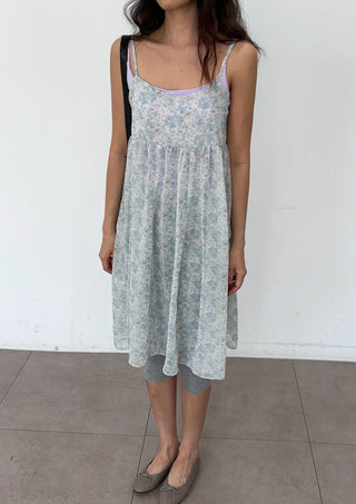 Jamie Flower Tiered Adjustable Shoulder A-Line Bustier See-through Sleeveless Balloon Layered Maternity Wear  V-Neck Chiffon Elastic Dress