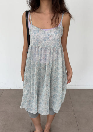 Jamie Flower Tiered Adjustable Shoulder A-Line Bustier See-through Sleeveless Balloon Layered Maternity Wear  V-Neck Chiffon Elastic Dress