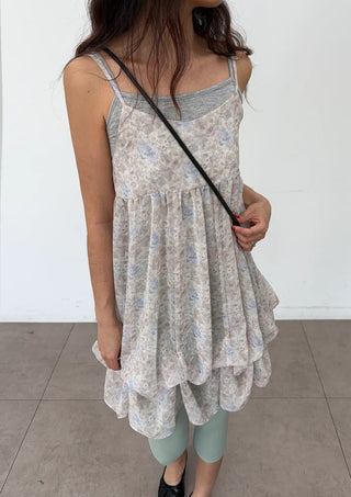 Jamie Flower Tiered Adjustable Shoulder A-Line Bustier See-through Sleeveless Balloon Layered Maternity Wear  V-Neck Chiffon Elastic Dress
