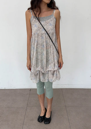 Jamie Flower Tiered Adjustable Shoulder A-Line Bustier See-through Sleeveless Balloon Layered Maternity Wear  V-Neck Chiffon Elastic Dress