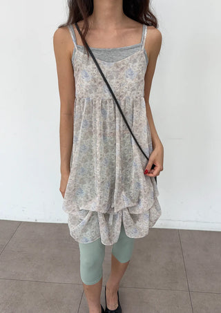 Jamie Flower Tiered Adjustable Shoulder A-Line Bustier See-through Sleeveless Balloon Layered Maternity Wear  V-Neck Chiffon Elastic Dress