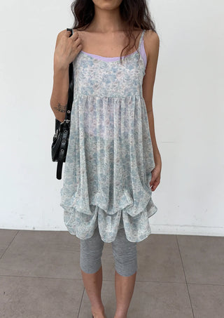 Jamie Flower Tiered Adjustable Shoulder A-Line Bustier See-through Sleeveless Balloon Layered Maternity Wear  V-Neck Chiffon Elastic Dress