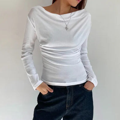 UniqueShirred Off-Shoulder Ribbed Long Sleeve Tee