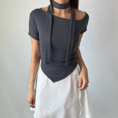 Asymmetrical Tie Scarf Modal Short Sleeve Tee