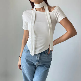 Asymmetrical Tie Scarf Modal Short Sleeve Tee