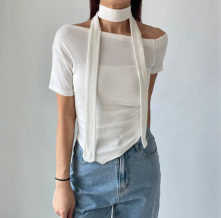 Asymmetrical Tie Scarf Modal Short Sleeve Tee