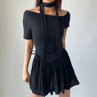 Asymmetrical Tie Scarf Modal Short Sleeve Tee