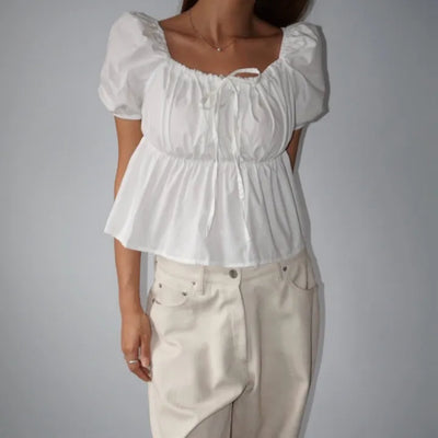 Square Neck Puff Ribbon Short Sleeve Balloon Korean Blouse