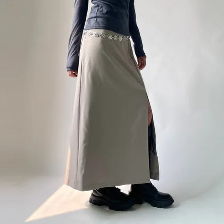H-line Maxi Slit Long Front Slit Skirt with Elastic Back
