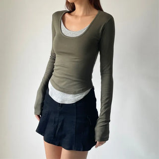 Contrast U-neck Layered Long Sleeve Tee