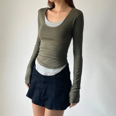 Contrast U-neck Layered Long Sleeve Tee