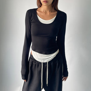 Contrast U-neck Layered Long Sleeve Tee