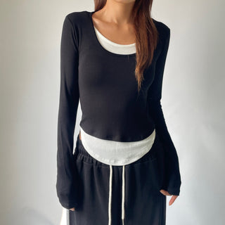 Contrast U-neck Layered Long Sleeve Tee