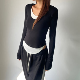 Contrast U-neck Layered Long Sleeve Tee