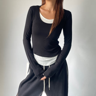 Contrast U-neck Layered Long Sleeve Tee