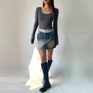 Contrast U-neck Layered Long Sleeve Tee