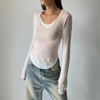 Contrast U-neck Layered Long Sleeve Tee
