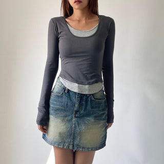 Contrast U-neck Layered Long Sleeve Tee
