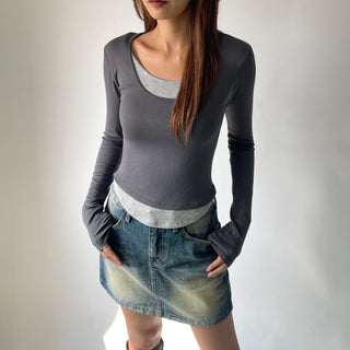 Contrast U-neck Layered Long Sleeve Tee