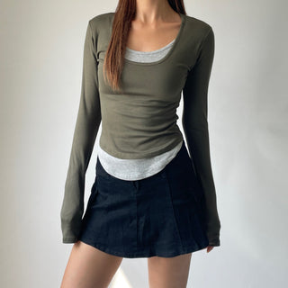 Contrast U-neck Layered Long Sleeve Tee