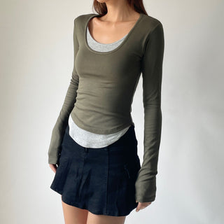 Contrast U-neck Layered Long Sleeve Tee