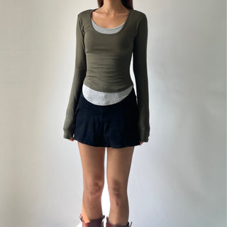 Contrast U-neck Layered Long Sleeve Tee