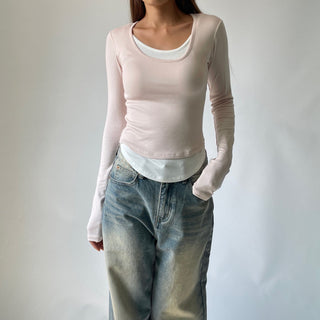 Contrast U-neck Layered Long Sleeve Tee