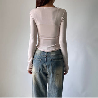 Contrast U-neck Layered Long Sleeve Tee