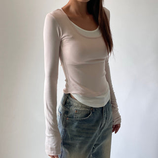 Contrast U-neck Layered Long Sleeve Tee