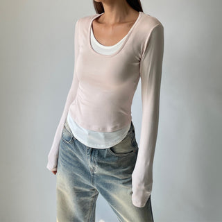 Contrast U-neck Layered Long Sleeve Tee
