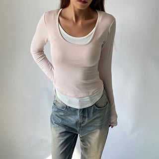 Contrast U-neck Layered Long Sleeve Tee