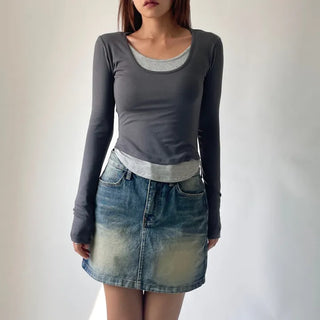 Contrast U-neck Layered Long Sleeve Tee