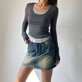 Contrast U-neck Layered Long Sleeve Tee