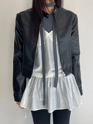 Neck Button Blouson Biker Vegan Eco Leather Jacket