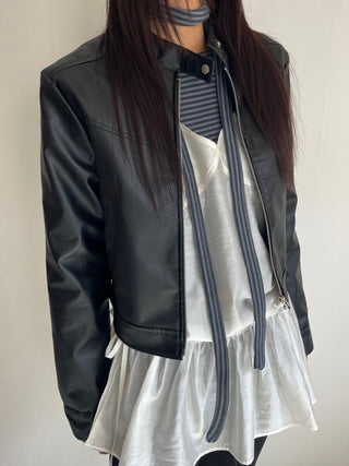 Neck Button Blouson Biker Vegan Eco Leather Jacket