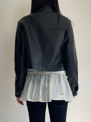 Neck Button Blouson Biker Vegan Eco Leather Jacket