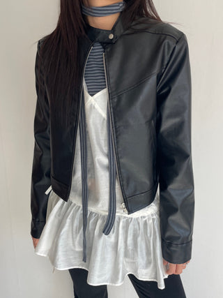 Neck Button Blouson Biker Vegan Eco Leather Jacket