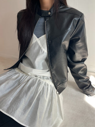 Neck Button Blouson Biker Vegan Eco Leather Jacket