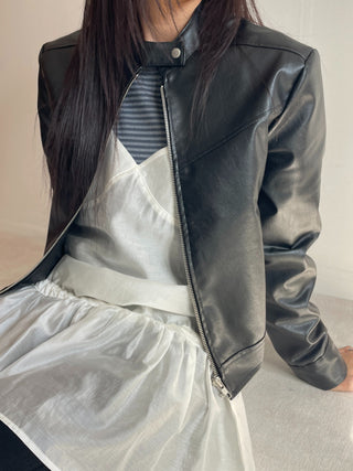 Neck Button Blouson Biker Vegan Eco Leather Jacket