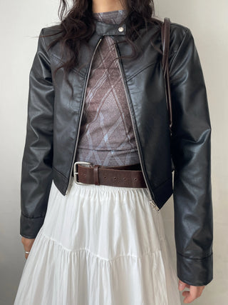 Neck Button Blouson Biker Vegan Eco Leather Jacket