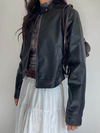 Neck Button Blouson Biker Vegan Eco Leather Jacket