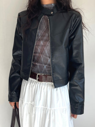 Neck Button Blouson Biker Vegan Eco Leather Jacket