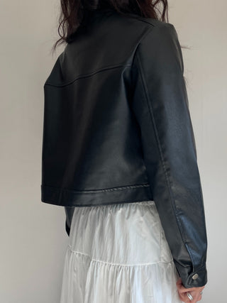 Neck Button Blouson Biker Vegan Eco Leather Jacket