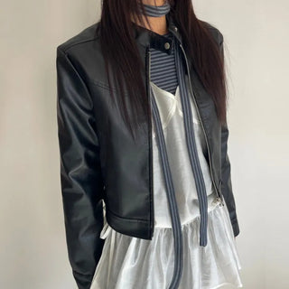 Neck Button Blouson Biker Vegan Eco Leather Jacket